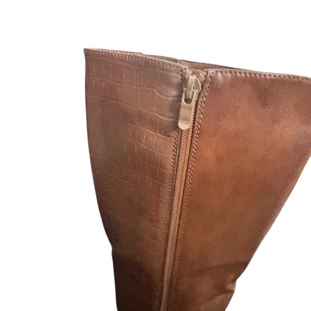 Brown Faux Leather Knee High‎ Boots Women's Buckle Detail Crocodile Embossed